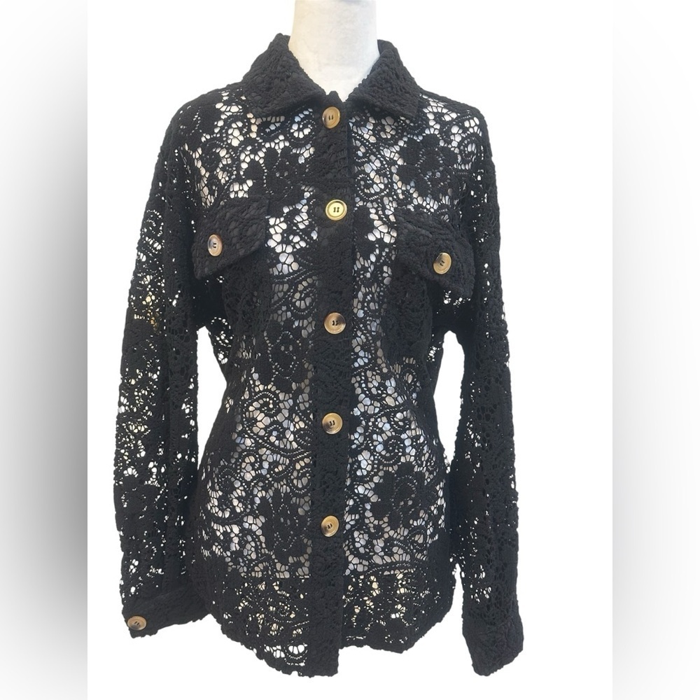 Merokeety Black Lace Collar Peek A Boo Button-Up  Hi Low Cardigan SZ Medium EUC